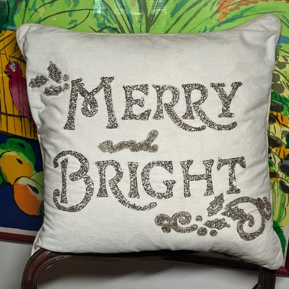 Merry and Bright Beaded White Velvet Pillow Down Fill, Dash Away Home 20 x 20